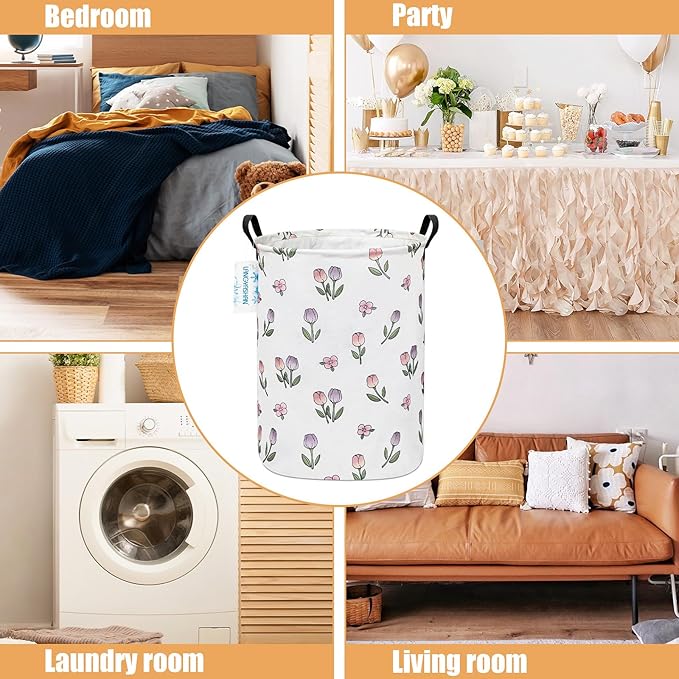 LANGYASHAN Laundry Basket Canvas Fabric Collapsible Organizer Basket for Storage Bin Toy Bins Gift Baskets Bedroom Clothes Children Nursery Hamper (Tulip)