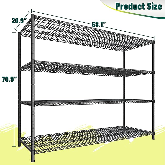 2500 LBS Storage Shelves 68.1"W Wire Shelving Unit, Garage Shelving Heavy Duty, Adjustable Metal Shelving for Garage, Pantry, Kitchen, Basement, Warehouse, Business 68.1"W x 20.9"D x 70.9"H