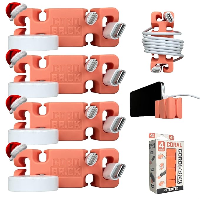 CordBrick Stocking Stuffers for Adults Cord Management Weighted Cord Holder Cable Wrap Phone Stand - Multiuse Gadget Organizer for Nightstand, Desk. Gift for Men, Durable Silicone. 4pk Coral