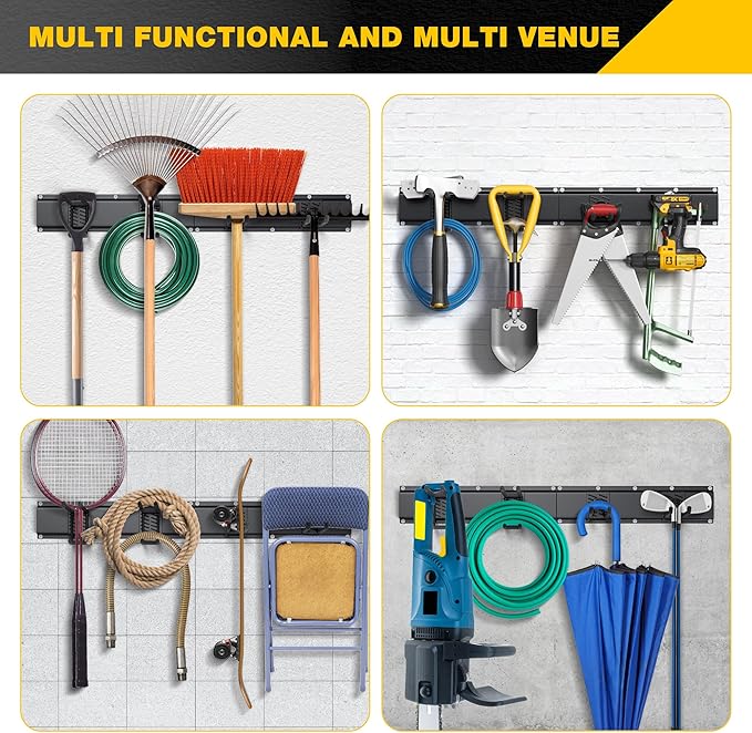 Garage Tool Organizer Wall Mount with 32 inches Rails and Adjustable Heavy-Duty Hooks, Garden Tool Organizer, Carries 300 lbs, Heavy Duty Garage Storage Rack For Yard, Shed, Workshop, Easy to Install