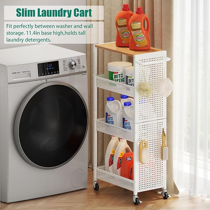 4-Tier Slim Storage Cart with Wheels,Small Mobile Organizer Shelf with Wooden Top & Metal Handle for Kitchen, Laundry Room, Bathroom, Office (White, 9.1 inch)