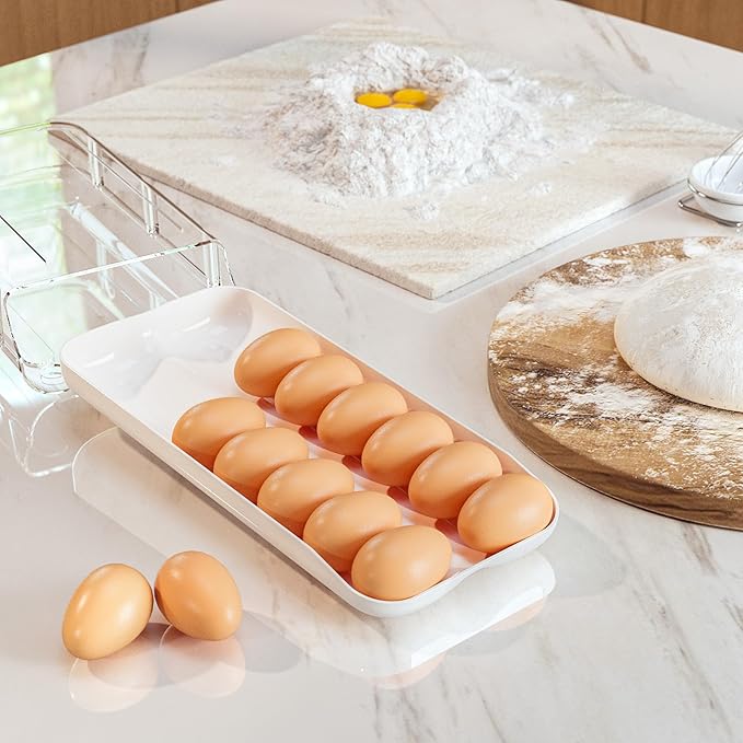 theaoo Egg Holder for Fridge, Automatic Rolling Egg Container for Refrigerator, Clear Plastic Egg Dispenser, Stackable Eggs Organizer with Quick Removable inner Tray For Organizers and Storage, 2 Pack