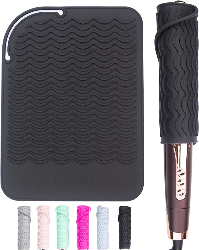 Heysam Heat-Resistant Silicone Mat for Curling Irons, Flat Iron Hair Straightener and Curler 2 in 1 Hair Styling Hot Tools, Flat Iron Travel Case Size 9.0 x 6.5 inches, Black