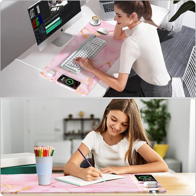 Wireless Charging Mouse Pad, 31.5"x15.8" Large Gaming Desk Mat for Keyboard/Laptop, Waterproof Ultra-Smooth Surface, Non-Slip Base, with 20W PD Adapter, Pink Marble