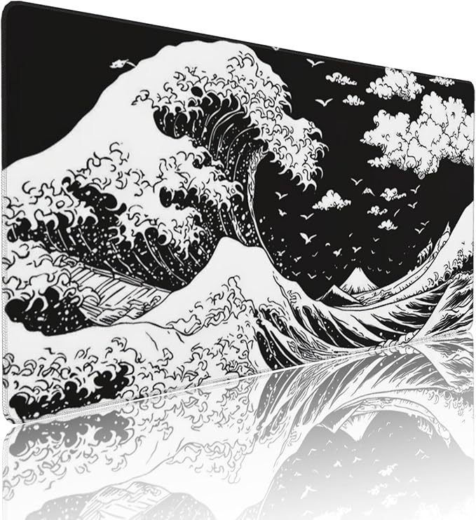 Japanese Sea Wave Large Mouse Pad, Anime Style Gaming Desk Mat, XXL Keyboard Desk Pad Mat for Desktop, 35.4"x15.7" Non-Slip Base Big Mousepad with Stitched Edges