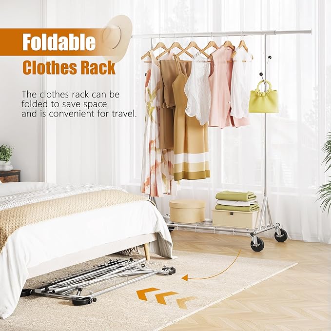 Heavy Duty Clothes Rack Load 530 lbs, Metal Rolling Clothing Rack With Sturdy Wheel And Shelves, Adjustable Portable Hanging Garment Rack For Clothes,Chrome Stainless Steel