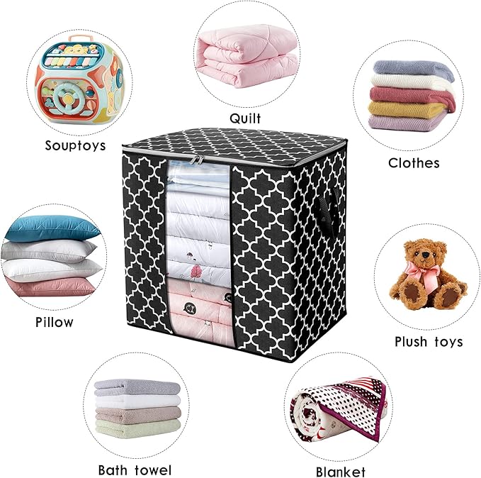 WISELIFE Storage Bags 4 Pack/100L Large Blanket Clothes Organization and Storage Containers for Comforters,Bedding, Foldable Organizer with Reinforced Handle, Clear Window, Sturdy Zippers,Black