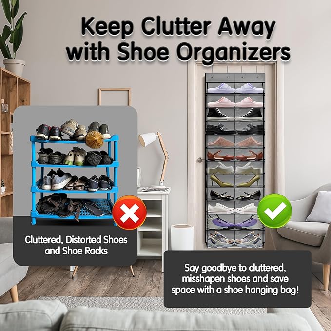 Over The Door Shoe Organizer with 12 Large Breathable Pockets - Sturdy Hanging Storage for Shoes of All Ages - Gray