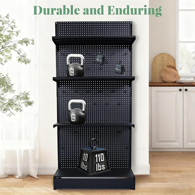 Pegboard Display Stand, Retail Shelving Wall Display with Extra 30 Pieces Hooks, Standing Peg Board Display with 4 pcs Single Side Board Panels, for Supermarket, Grocery Stores, Black