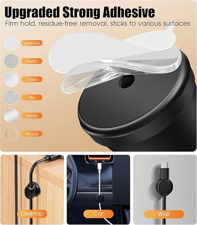 8 Pack Cord Organizer, Ω-Shaped Rotatable Cable Clips, Strong Adhesive Cable Management with Nails, Cord Holder for Nightstand, Desk, and Wall (Black)