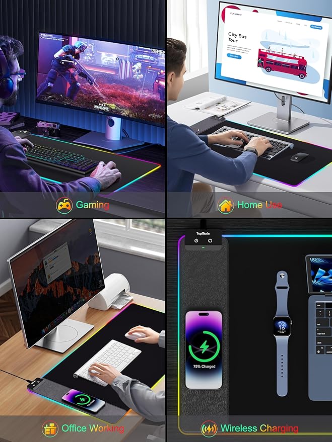 TopMade Mouse Pad with Wireless Charging, 31.5" x 15.75" Large Desk Mat RGB Gaming Mousepad, LED Desk Pad Keyboard Pad, Waterproof Desk Pad (Includes 20W PD Power Adapter & 6.56ft Woven Cable)