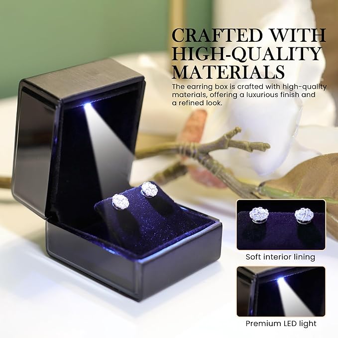 Novel Box Square Shaped Black Earring Box With LED Light 2.25X2X2.5 Inches - Jewelry Earrings Case Best for Jewelry Displays - Gift Box for Mother's Day, Engagement, Anniversary & more Happy Occasions