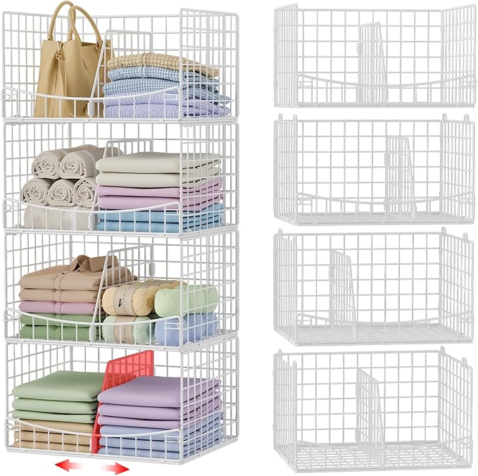 4-Tier Stackable Closet Organizers and Storage Basket with Divider, Foldable Closet Shelf Organizer Systems for Clothing Sweaters, Wardrobe Cupboard, White