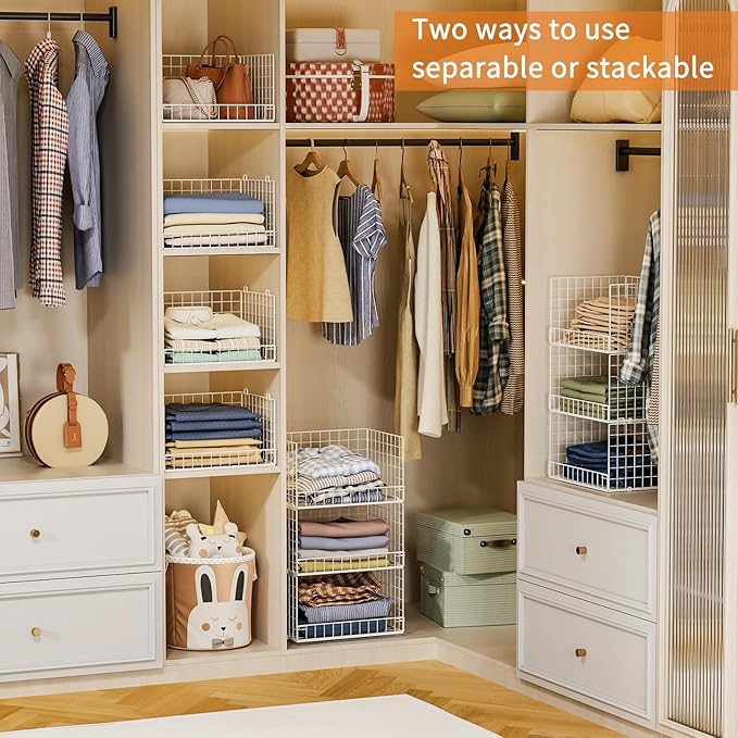 Closet Organizers and Storage Basket- 3-Tier Stackable Storage Bins, Foldable Closet Shelf Organizer Basket, Stackable Clothes Organizers Shelves for Home Organizer System
