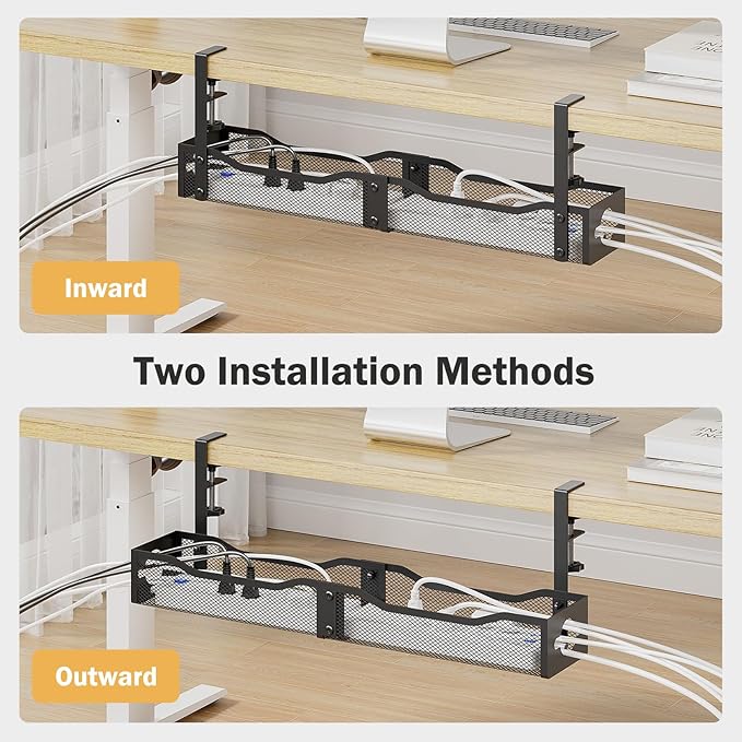 DELAMU 25'' Extended Under Desk Cable Management, No Dill Desk Cable Management with F-Clamp, Metal Cable Management Tray to Cord Organizer for Home Office, 1 Pack, Black