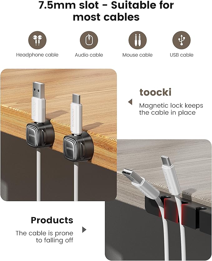 6 Pack Magnetic Cable Clips – Cord Organizer & Holder, Toocki Adhesive Cable Management, Wire Holder for USB Charging Cables, Ideal for Home, Office, Car, Desk, and Nightstand-Black