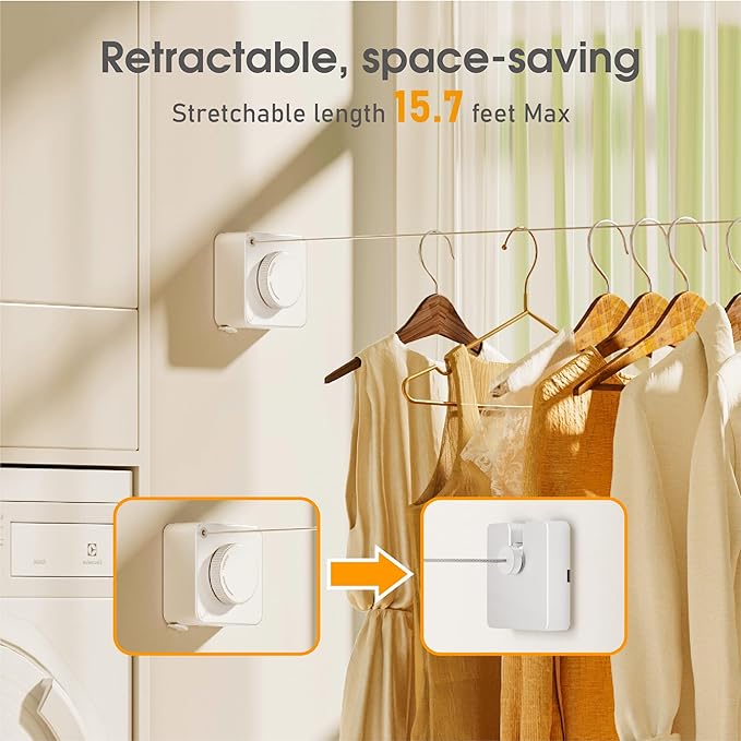 Retractable Heavy Duty Clothesline - Wall Mounted Indoor and Outdoor Laundry Drying Solution, 15.7ft Anti-Sagging Stainless Steel Rope (White)