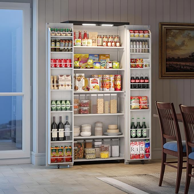 White Farmhouse Kitchen Pantry Cabinet, 72" Tall Storage Cabinet with Adjustable Shelves，Farmhouse LED Food Storage with 2 Barn Doors for Kitchen, Dining Room, Living Room