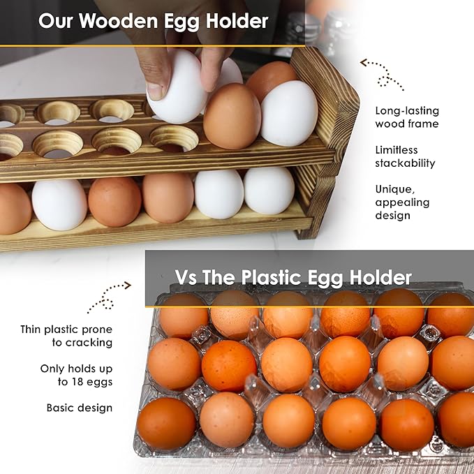 Expandable Stackable Wooden Egg Holder Countertop for 24 Eggs, Rustic Kitchen Decoration, Two-Piece Compact Egg Rack for Counter - Chicken Decor - Gui's Chicken Coop (Double Rack)
