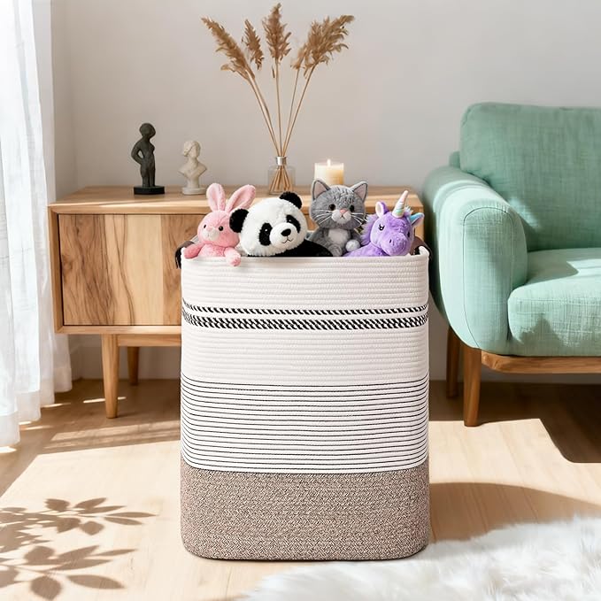 Laundry Hamper, 85L Tall Laundry Basket with Leather Handles, Rectangle Large Clothes Hamper for Organizing, Cotton Woven Laundry Baskets Storage Hampers for Bedroom, Nursery, Living Room