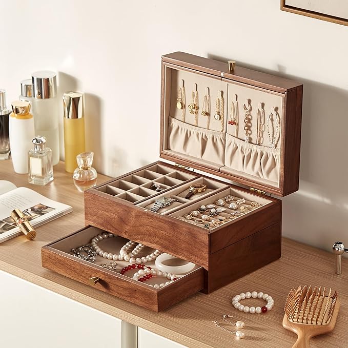 Wooden Jewelry Box for Women, 3 Level Multi-functional Drawers Black Walnut Jewelry Organizer Box, Watch, Necklace, Ring, Earring Storage Gifts(With Mirror B)