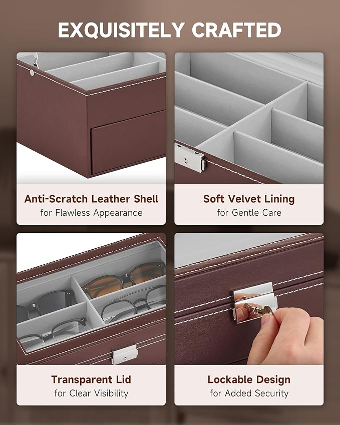 CO-Z Sunglasses Organizer with 12 Slots, Leather Eyeglasses Storage Box for Women Men, 2 Story Lockable Display Case for Multiple Glasses, Sunglasses Jewelry Collection Holder with Drawer, Brown