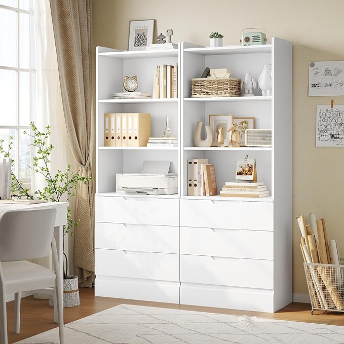 DICTAC 73.23'' Tall Storage Cabinet Bookcase with 3 Drawers and 3-Tier Open Shelves Wooden Bookshelf Kitchen Pantry Storage Organizer Cabinets for Living Room, Study, Kitchen,Bathroom,White