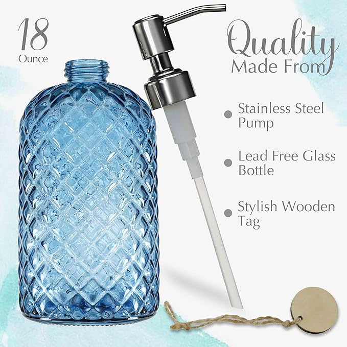 JASAI 18Oz Gem Patterned Glass Soap Dispenser for Kitchen, Refillable Hand soap Dispenser with Rust Proof Stainless Steel Pump, Clear Soap Dispenser Bathroom for Dish Soap, Hand soap, Lotion(Blue)