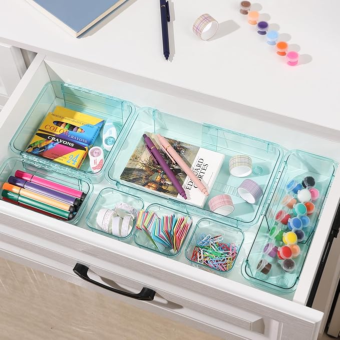 20 Pcs Adjustable Clear Drawer Organizer, Extendable Vanity Storage Bins, Desk Drawer Organizer Set for Makeup, Cosmetics, Bedroom, and Gadgets, Blue