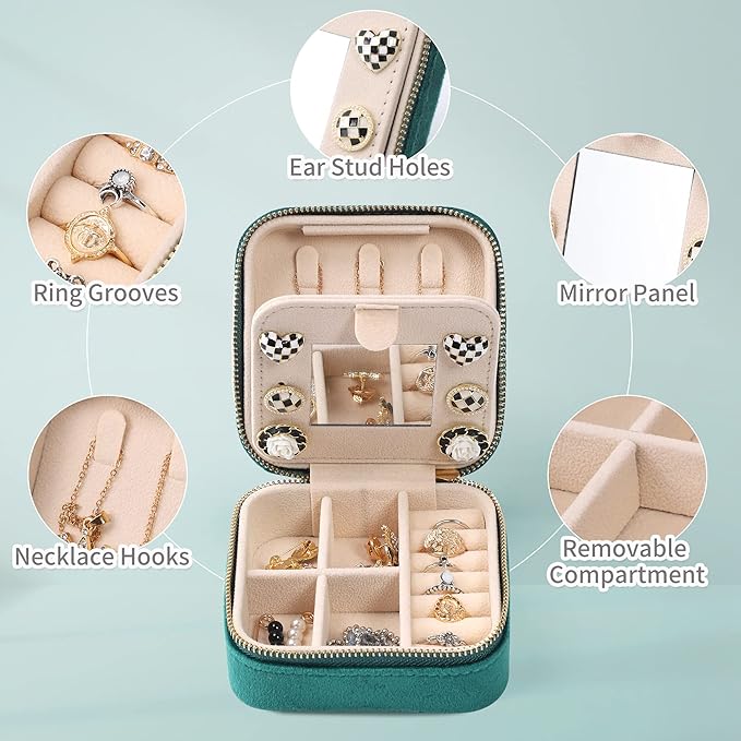 Dajasan Velvet Travel Jewelry Box, Mini Travel Jewelry Case, Small Portable Travel Jewelry Organizer with Mirror for Women Girls (Green)