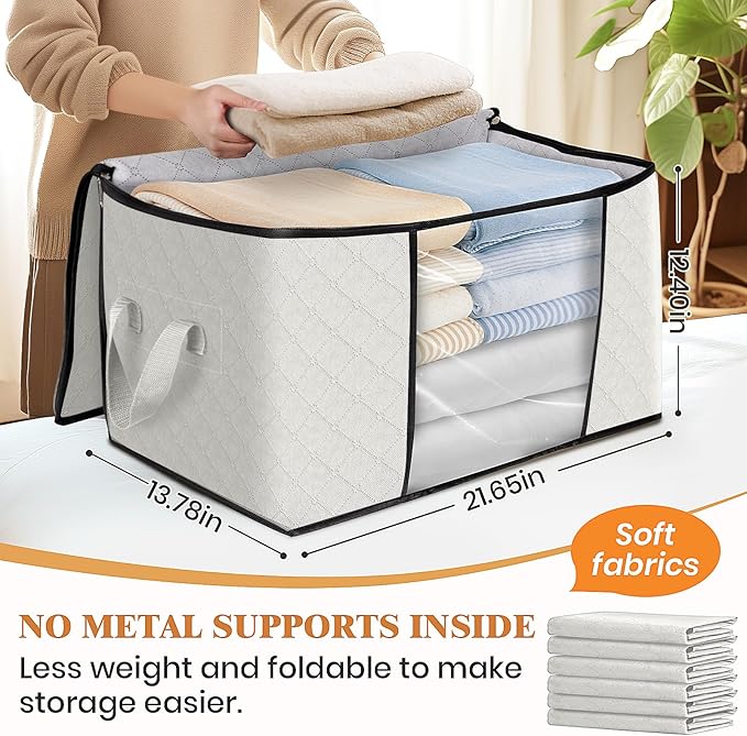 Fab totes 8 Pack Clothes Storage, Foldable Thick Fabric Blanket Storage Bags, Containers for Organizing Bedroom, Closet, Clothing, Comforter, Organization with Handle,Ivory White