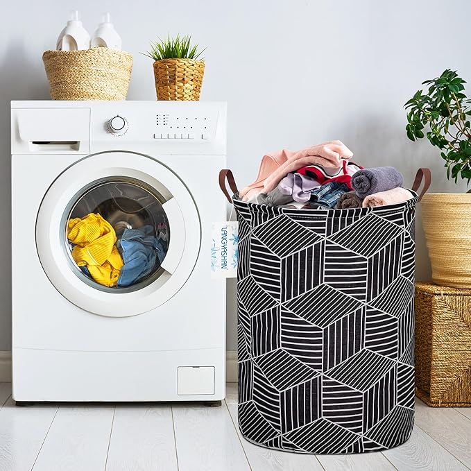 LANGYASHAN Laundry Basket Canvas Fabric Collapsible Organizer Basket for Storage Bin Toy Bins Gift Baskets Bedroom Clothes Children Nursery Hamper (Black diamond)
