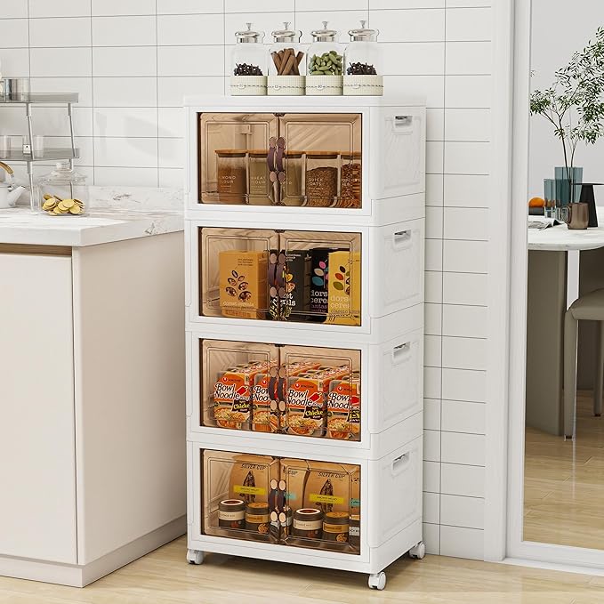 Storage Bins with Lids and Wheels, Collapsible Bathroom Storage Cabinet with Clear Doors, Plastic Stackable Closet Organizers and Storage Containers White 180 QT