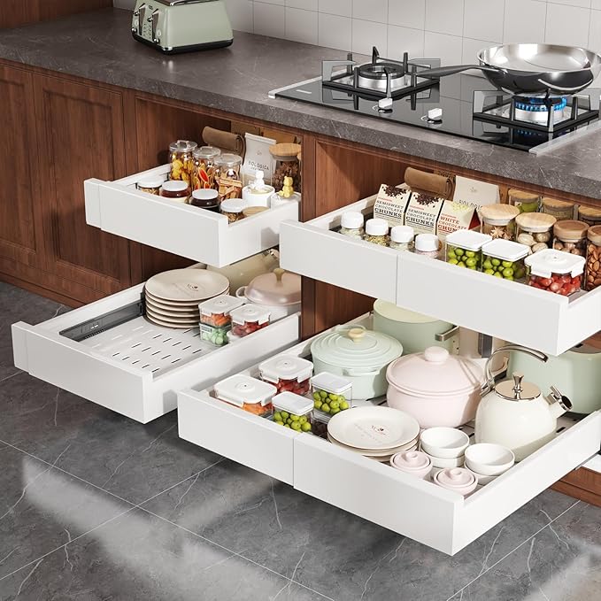 1 Pack Pull Out Cabinet Organizer Expandable Width(13"-21") and Depth(17"-24"), Slide Out Drawers With Raising Pad for Framed Cabinets, No Drill Roll Out Shelves for kitchen, Bathroom, White