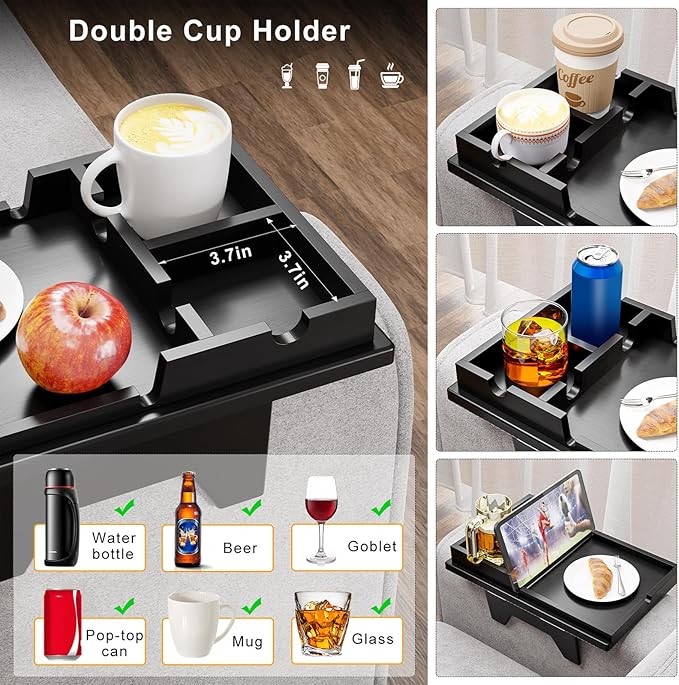 Black Couch Cup Holder Tray - 2 in 1 Couch Armrest Table with Be Slide-Away Detachable Double Holder - Foldable Sofa Armchair Caddy for Drinking Snacks iPad TV Remote