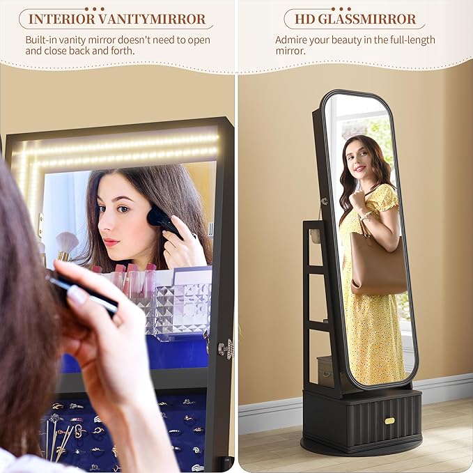 61" Full Length Mirror Jewelry Cabinet with Storage – Rotating, Lockable Jewelry Armoire with Velvet Lining, Standing Organizer for Women – Ideal Gift for Jewelry Storage & Display, Black