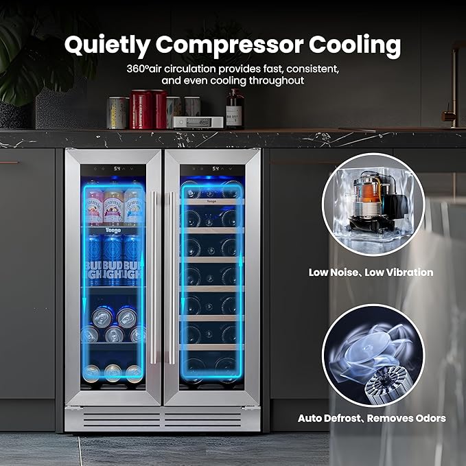 Yeego Wine and Beverage Refrigerator - 24 Inch Dual Zone Wine Fridge 60 Can & 20 Bottle, 36-72°F Cooler Built in Under Counter Fridge with Glass Door for Beer Soda Drink Home Bar Office