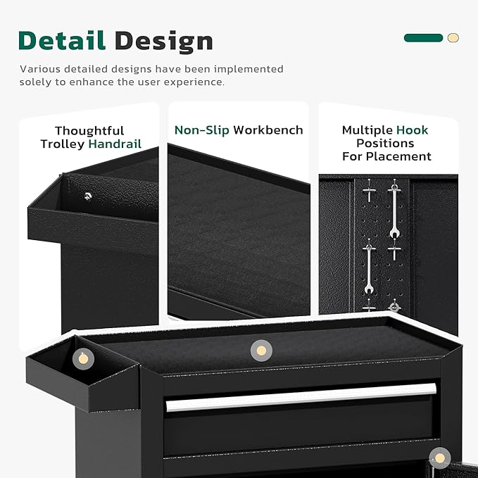 Greenvelly Tool Chest, 5-Drawer Rolling Tool Chest with Hooks and Lockable Wheels,Metal Storage Detachable Top Tool Box with Lockable Wheels for Garage,Workshop,Art Studio(Black)