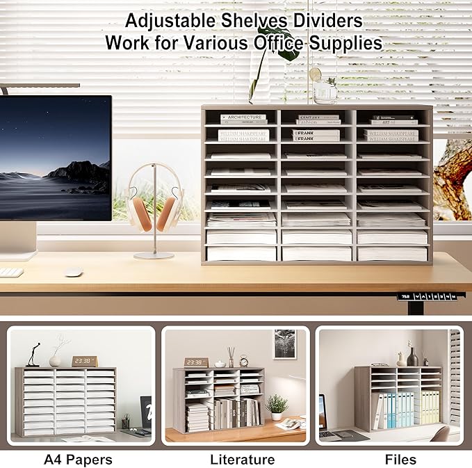 Literature Organizer 27 Slots Wooden Mailboxes for Classroom Office Mail Organizer Countertop Vertical File Sorter with Adjustable Shelves Heavy Duty Office Mailbox Cubbies, Retro Grey/White