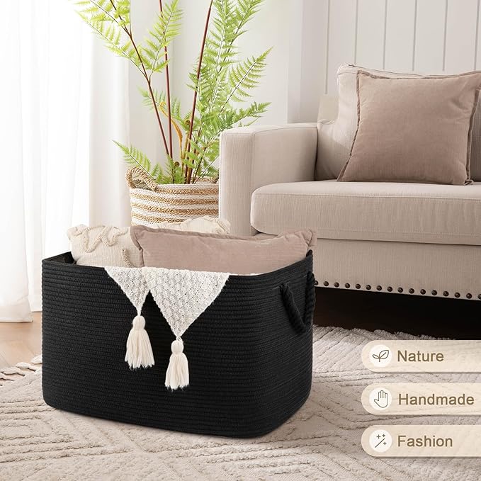 95L Extra Large Blanket Basket with Lid, 24" x 16.9" x 14.2" Woven Storage Basket for Living Room, Rectangle Nursery Blanket Storage for Toys, Towels, Dirty Clothes, Black