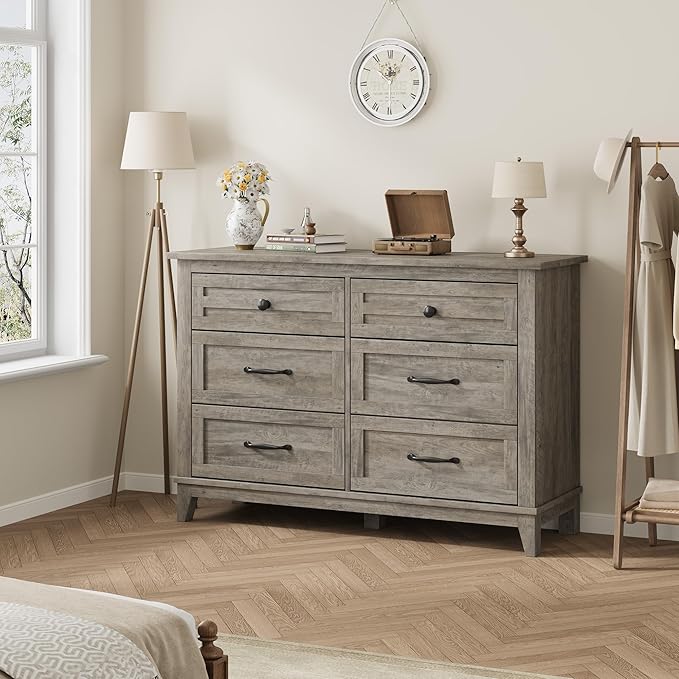 GarveeHome 6 Dresser for Bedroom, 47 in Wide Drawer Dresser with Storage Freestanding, Wooden Closet Storage Chest for Living Room, Bedroom, Entryway, Grey