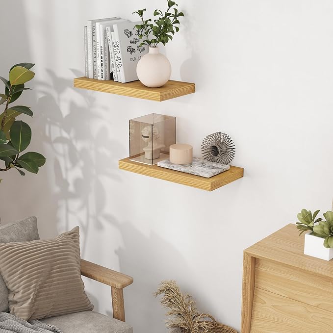 Fun Memories 16Inch Floating Shelves for Wall 2 Pack Shelves for Bedroom|Kitchen|Bathroom Wall Mounted Rustic Wood Floating Shelf with Invisible Brackets for Books|Storage|Decor, Oak