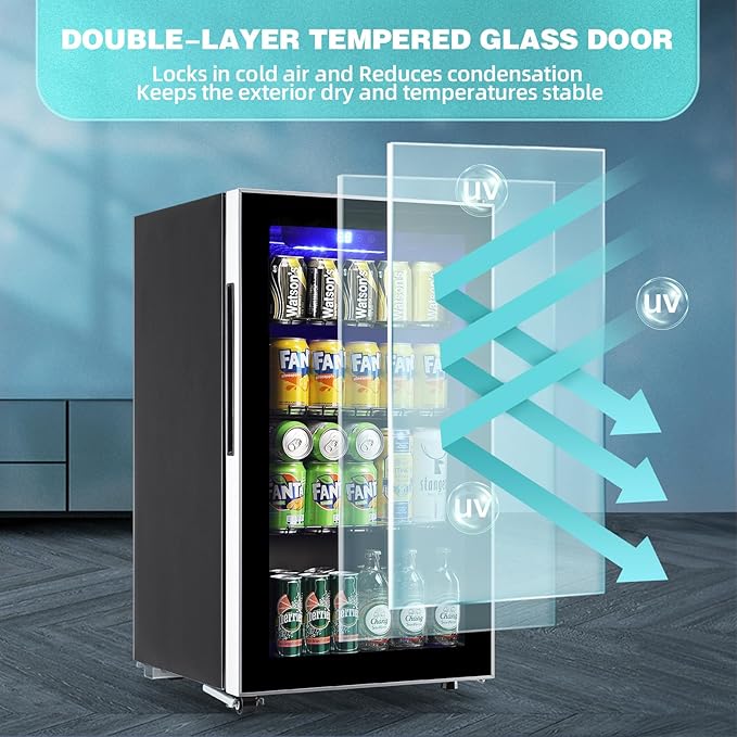 WANAI Mini Fridge Cooler 120 Can Beverage Refrigerator with LED Display with Touch Screen, Adjustable Shelves, Small Beverage Fridge with Glass Door for Beer Soda Wine for Home, Office, Bar, 3.5 Cu.Ft