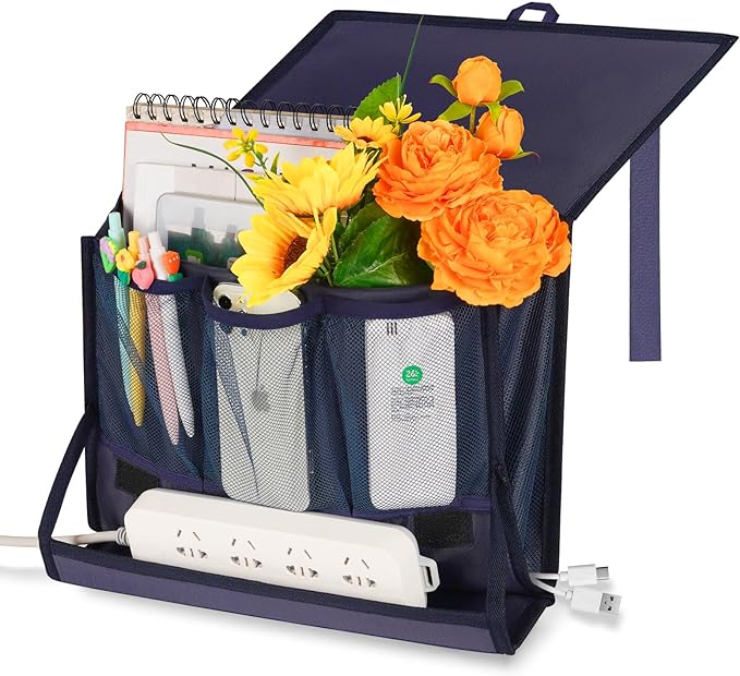 Bedside Storage Organizer with Power Strip Holder and Adjustable Straps Bed Hanging Bag for Home Bunk Bed Dorm Sofa (Navy Blue)