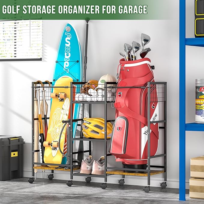 Golf Bag Storage Rack for Garage with Wheels, Organizer for Golf Bag and Equipment Accessories, Golf Organizer Stand Ideal for Home, Garage, Club, Shed, Basement - Sturdy and Durable (Black)