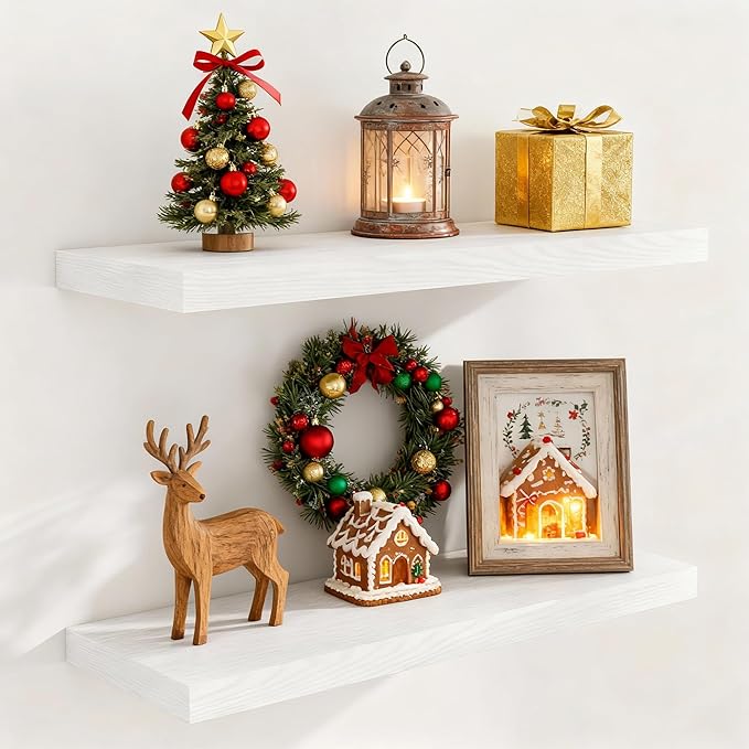 Fun Memories White Floating Shelves 32 Inch Long, Rustic Wood Wall Mounted Floating Shelf for Bathroom, Bedroom, Kitchen, 9.3 Inch Deep Wall Shelves Invisible Brackets for Books|Storage|Decor