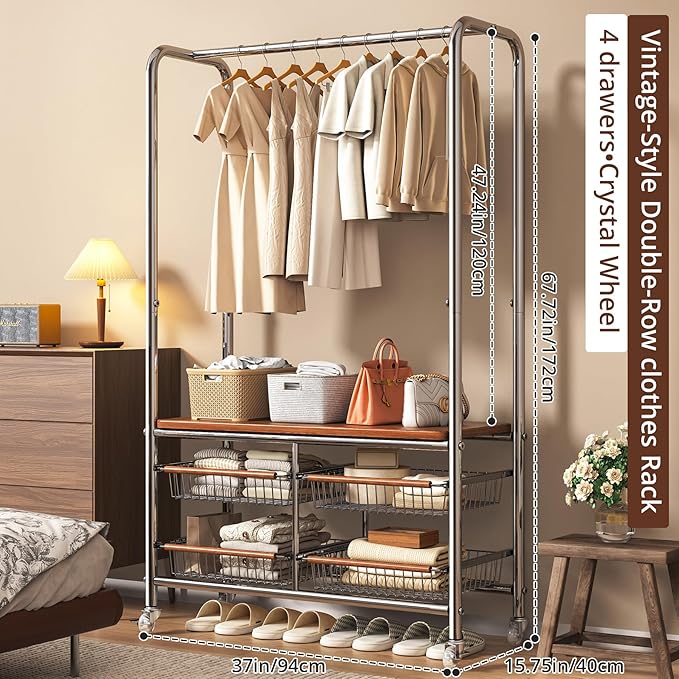 Rolling Clothing Garment Rack for Hanging Clothes–Portable Indoor Wardrobe Closet Organizer Shelves Metal Hanger Stand Heavy Duty Coat Drying Storage Racks with Wheels 15.7"Dx37"Wx67.7"H Chrome