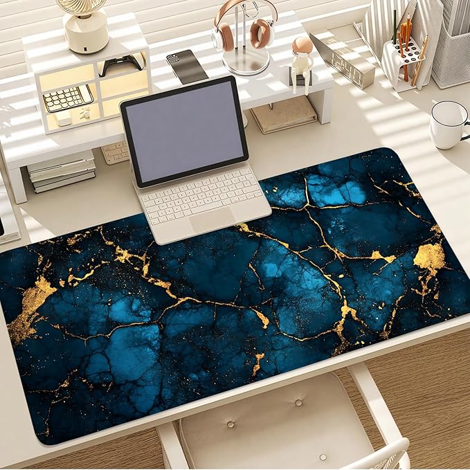 Blue Marble Gold Vein Mouse Pad – Large Extended Desk Mat 35.43 x 15.75 in – Elegant Navy Ink Texture with Metallic Cracks, Keyboard & Mouse Pad for Office & Gaming
