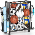 Sports Equipment Garage Organizer,Garage Ball Storage Rack for Sports with Wheels-Upgraded 3 Layers Organizer Rack Outdoor Basketball Racks for Balls with Holder and Hooks (Bright Black)