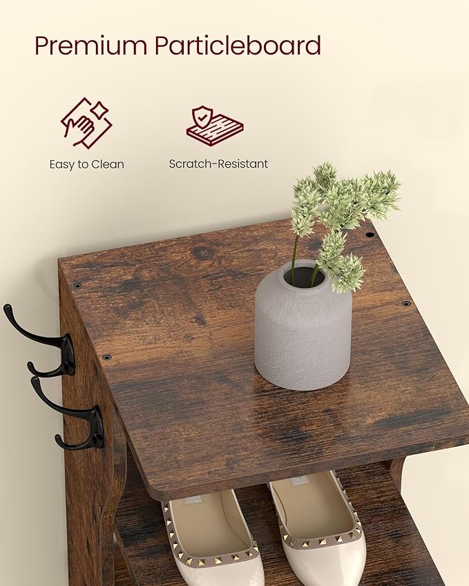 VASAGLE 7-Tier Vertical Shoe Rack, Narrow Shoe Storage Organizer with Hooks, Slim Corner Tower Shelf, Space-Saving for Entryway and Bedroom, Rustic Brown ULBS200KD01